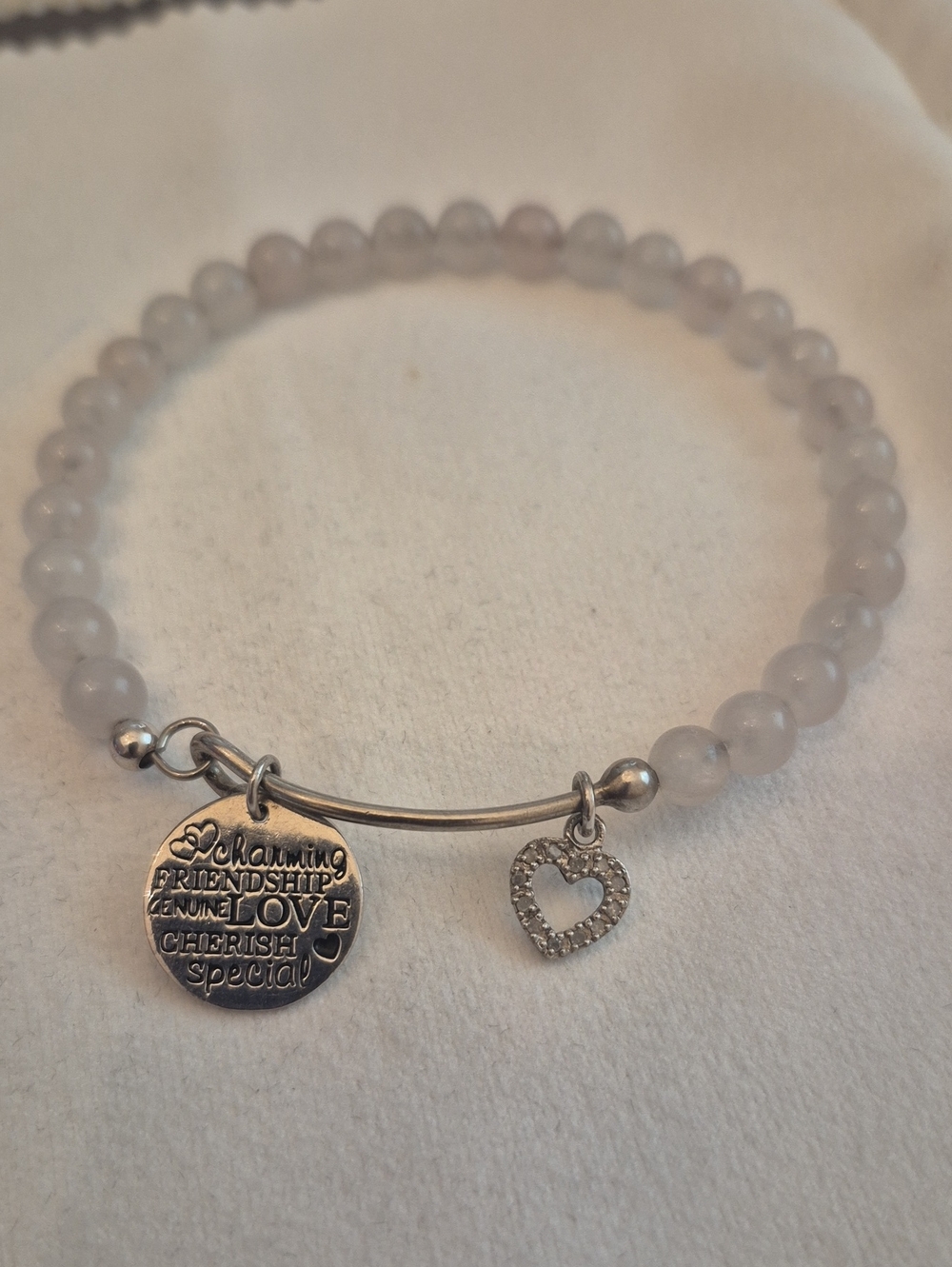 925 silver quartz bead clip bangle with diamond heart
